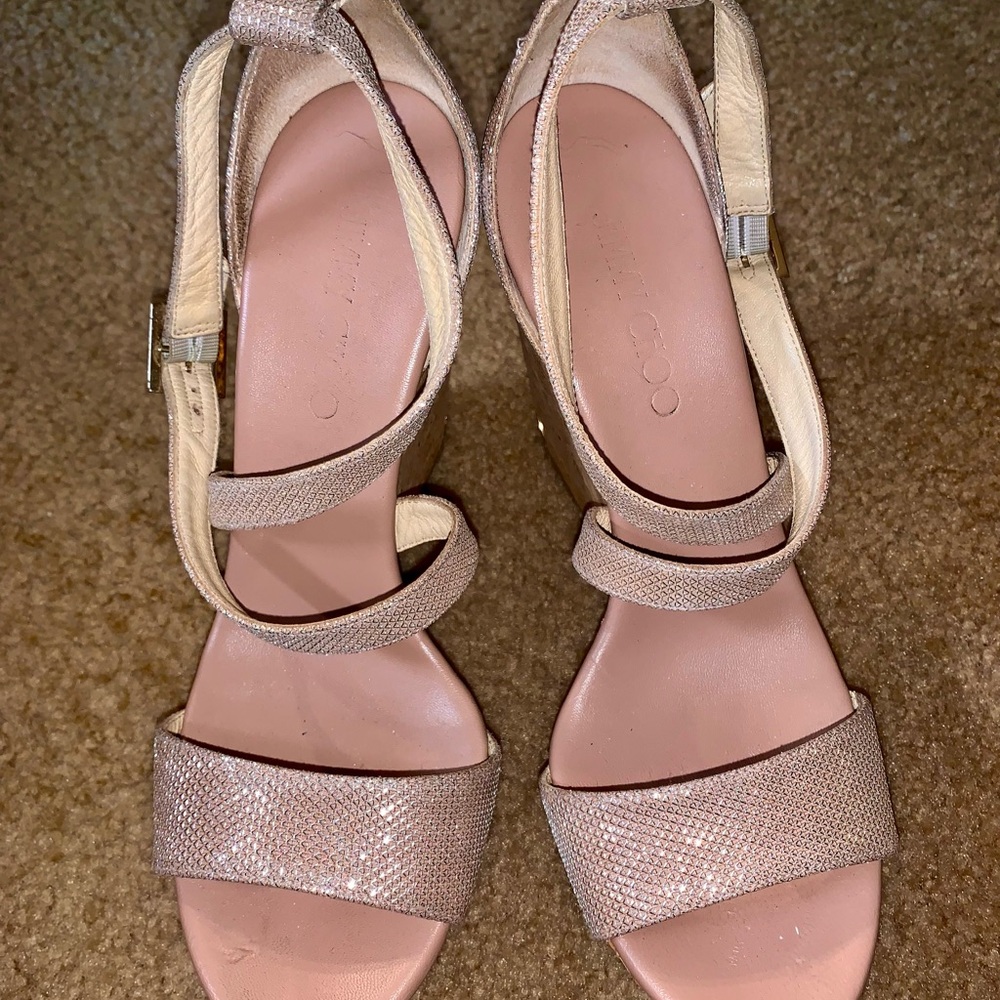 Jimmy CHOO Portia 120 Sz 7 Tea Rose Sparkle Embellished Wedge Heels